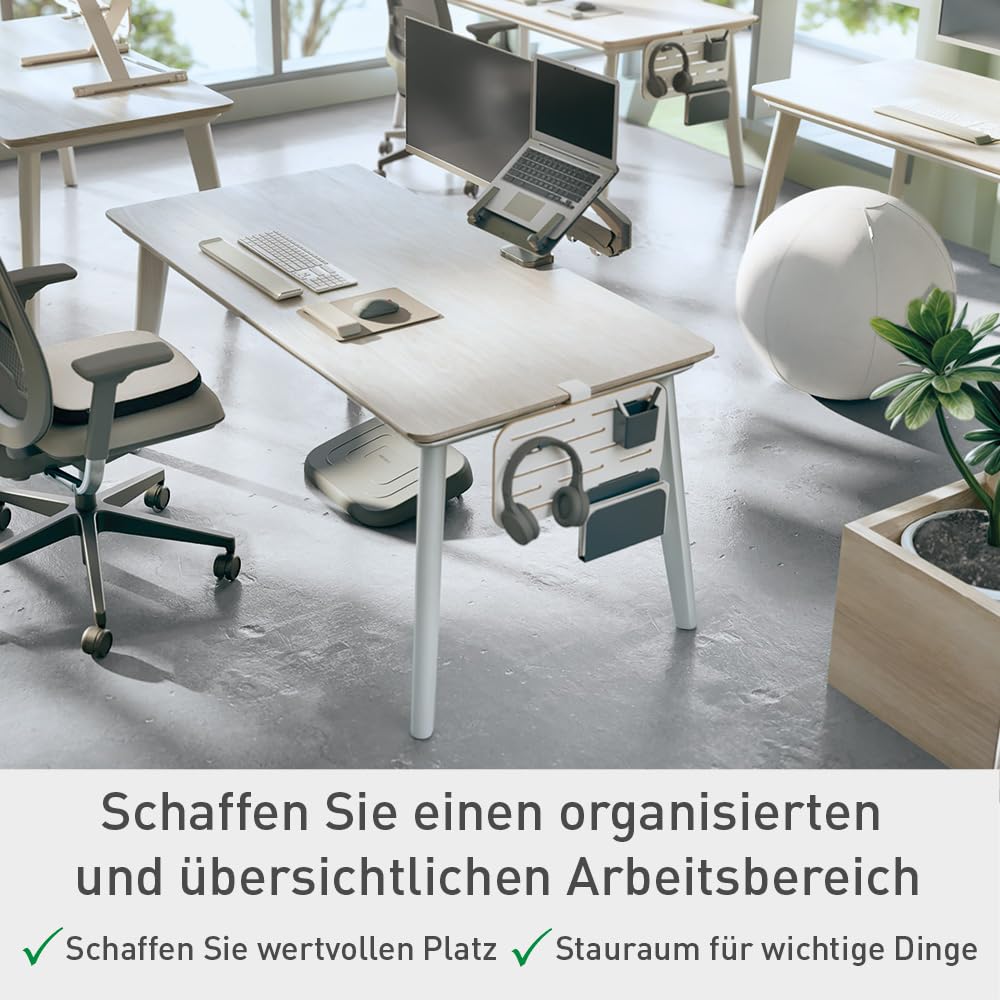 Leitz Ergo Kleiner Pegboard Schreibtisch-Organizer mit Zubehör, Hochwertige Stecktafel kompatibel mit Tischdicken bis 35mm, breite Hängeschlitze, Klammerbefestigung, 42 x 25 cm, Weiß, 65480000