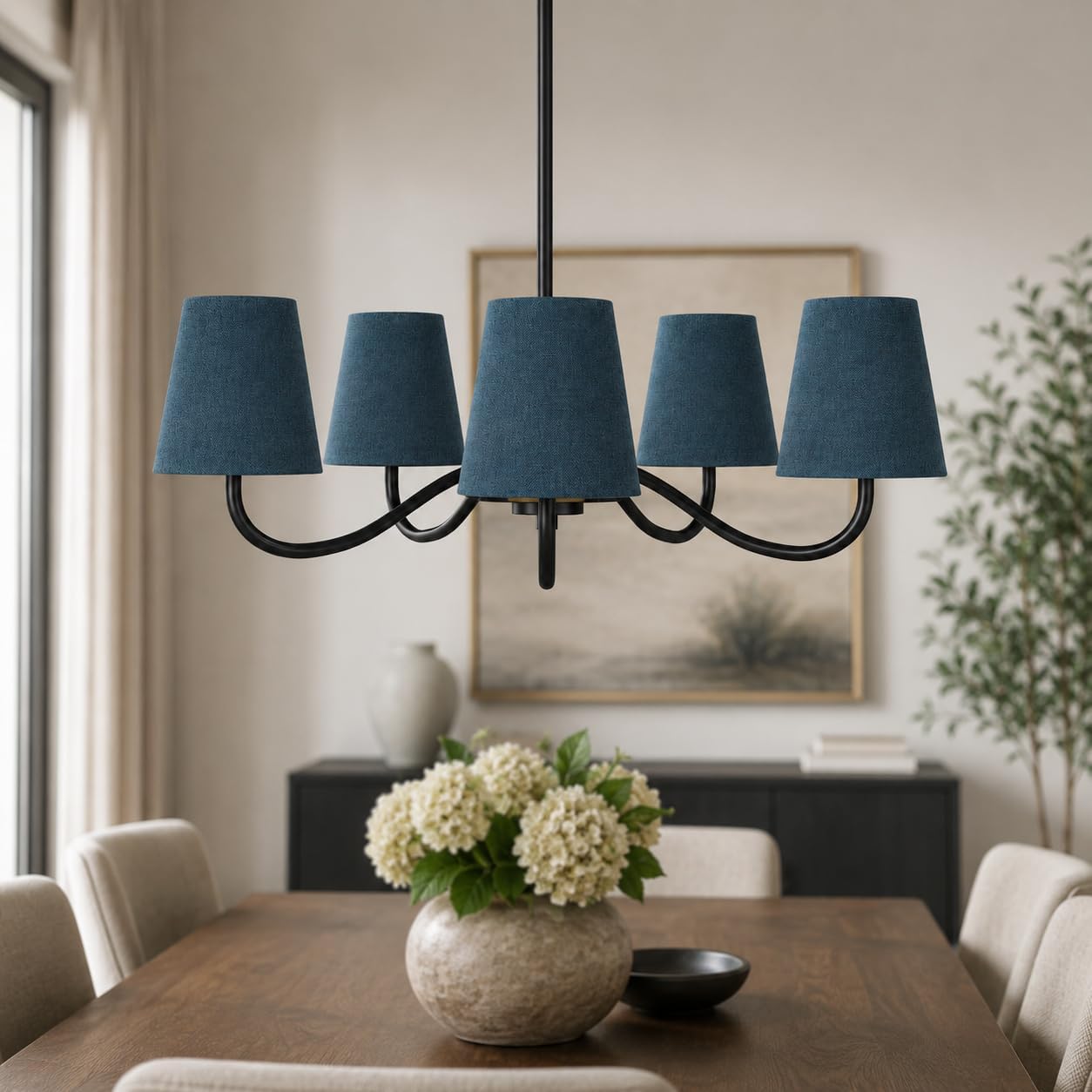 Maxax 31.8" Modern 5-Light Black Chandelier with Blue Fabric Shades, Classic Transitional Pendant Lighting Fixture for Dining Room Living Room Bedroom Foyer, E12 Base