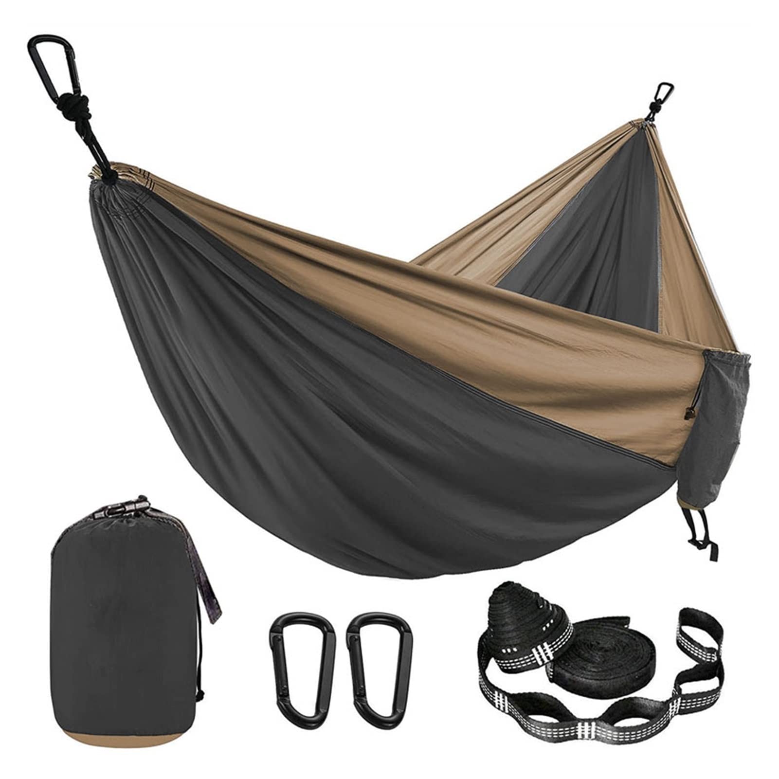 Huśtawka kolorowy hamak spadochronowy z paskiem hamakowym, trwały i przydatny, camping survival Travel podwójne meble ogrodowe wielofunkcyjny trapez (kolor: ciemnoszary i khaki)