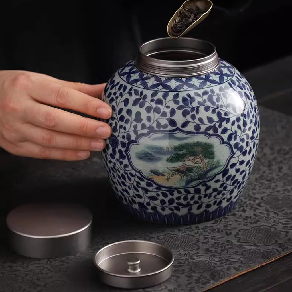 Puszka do herbaty niebieska i biała ceramiczna puszka na herbatę, duża puszka do przechowywania herbaty, szczelne przechowywanie pu'er czarna herbata opakowanie pusty pojemnik do przechowywania