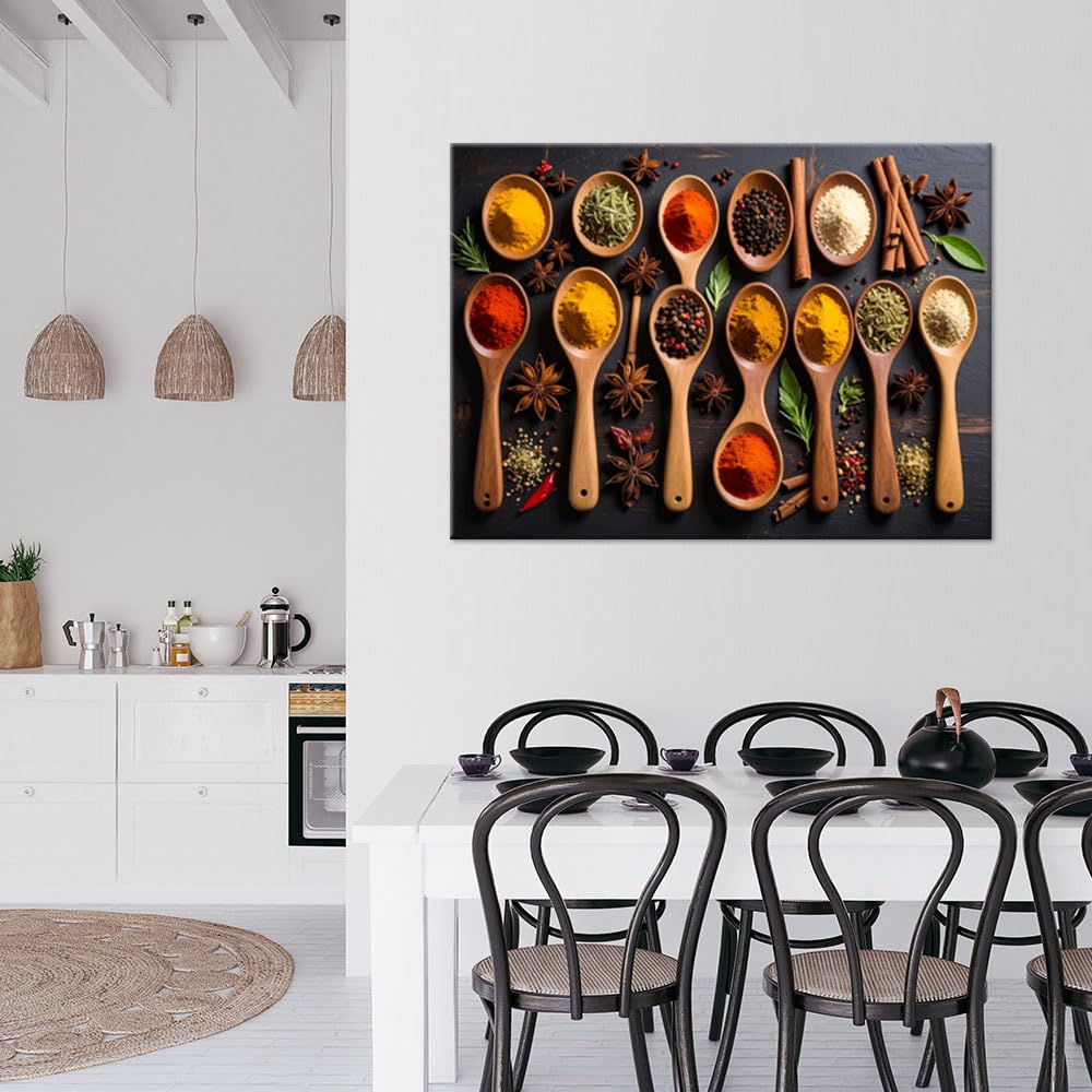 Feeby Leinwandbild - Bilder für Küche - Holzlöffel mit Gewürzen - 120x80 1tlg - Deko Esszimmer - Wanddekoration - Aesthetic - Groß Moderne Bild - Foto auf Leinwand