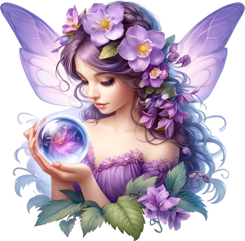 x4 Purple Fairy Holding Crystal Flower Vinyl Stickers Non Transparent Lavender Fairies Art Decals 1@ 20cm for Toilet/Laptop and 3@ 7cm for Phone case, Cups etc Cover Marks (Flower Lilac) — image 1