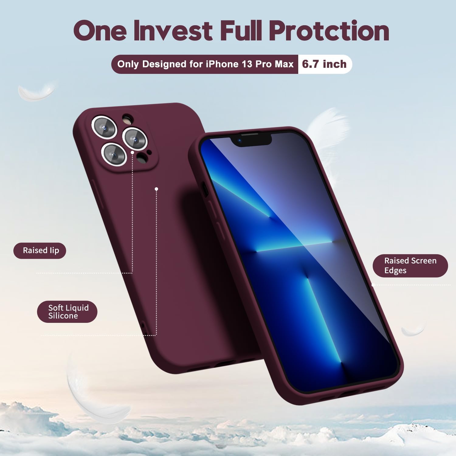 oakxco for iPhone 13 Pro Max Phone Case Liquid Silicone, Cute Thin Slim Soft Rubber TPU Plain Smooth Gel Cover for Women Girl Aesthetic, Matte Solid Protective & Shockproof Bumper, Burgundy Plum Wine - Image 3