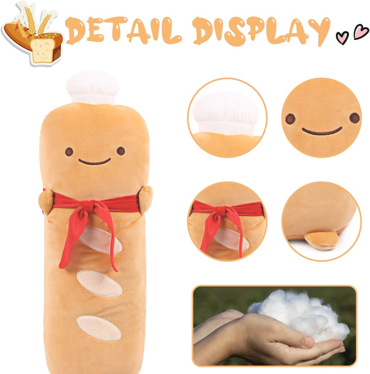 ARELUX Funny 21.6in Toast Baguette Pillow,French Baguette Shape Plush Hugging Pillow with Red Scarf,Soft Toast Food Sofa Cushion Home Decor,Plush Toy for Friends Family Birthday