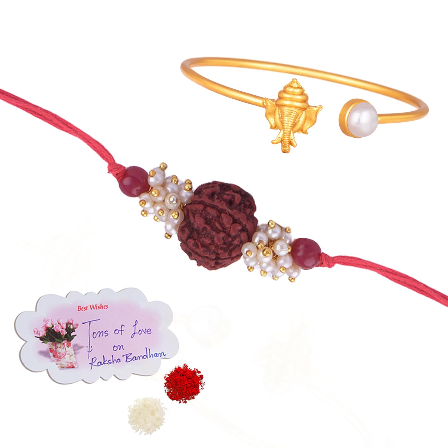 JFL-JewelleryforLess Handmade Combo Couple Pair Panch Mukhi Rudraksh Pearl Rakhi & Ganesha Bracelet/Bangle Rakhi Set for Bhaiya Bhabhi with Roli Chawal Hand Written Greeting Note (B0D8YLJ27K) Amazon Price History, Amazon Price Tracker