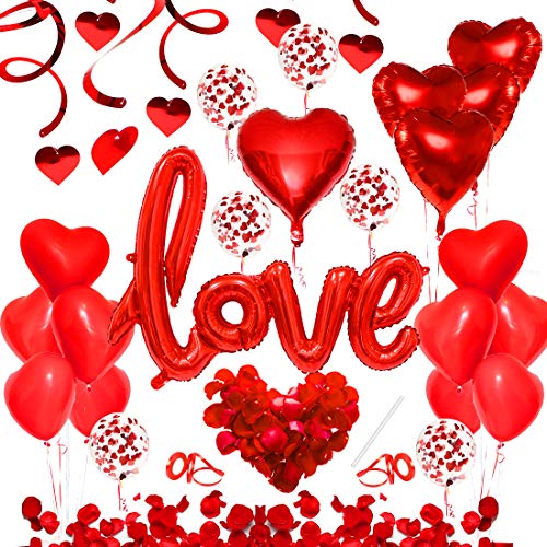 49pcs Ballon Rouge Kit, Ballons Décoration Romantique, Ballon Love XXL, Coeur de Ballons, Pétales, Fixés pour Mariage Anniversaire de Mariage et Fiançailles Décoration