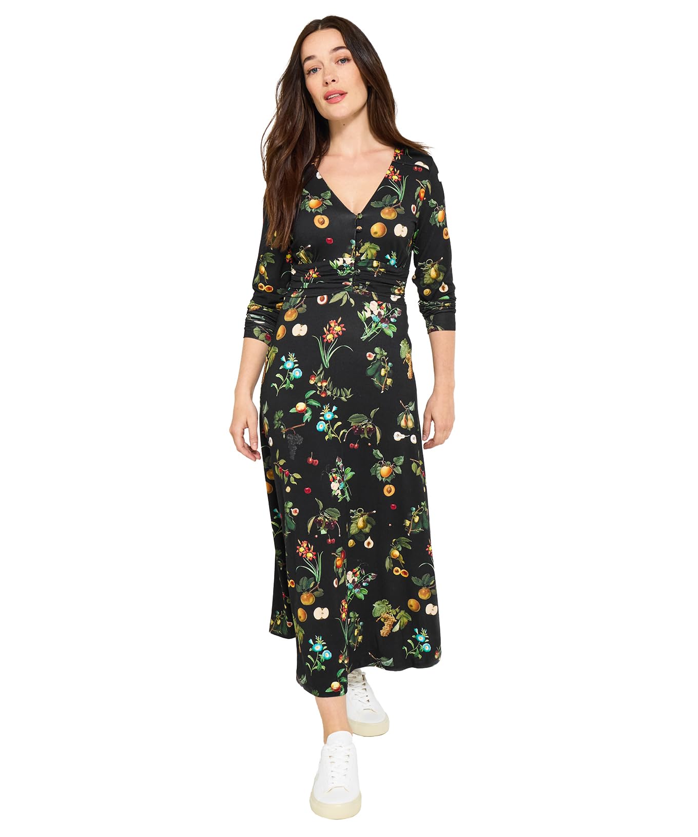 Joe Browns Women's Fruit Print Long Sleeve Midi Jersey Dress, Black, 10