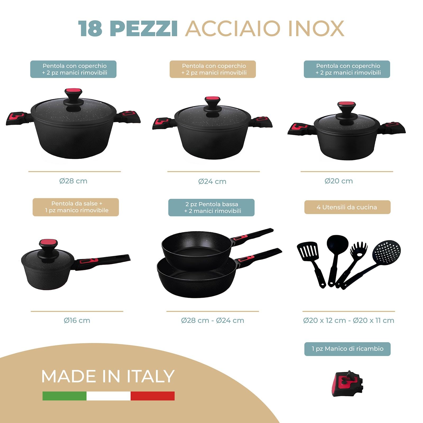 PARAMAISON Batteria Pentole e Padelle Antiaderenti, Set da 24 Pezzi con Mestoli, Coperchi in Vetro Temperato, Manico Removibile, Senza Pfoa | Nero