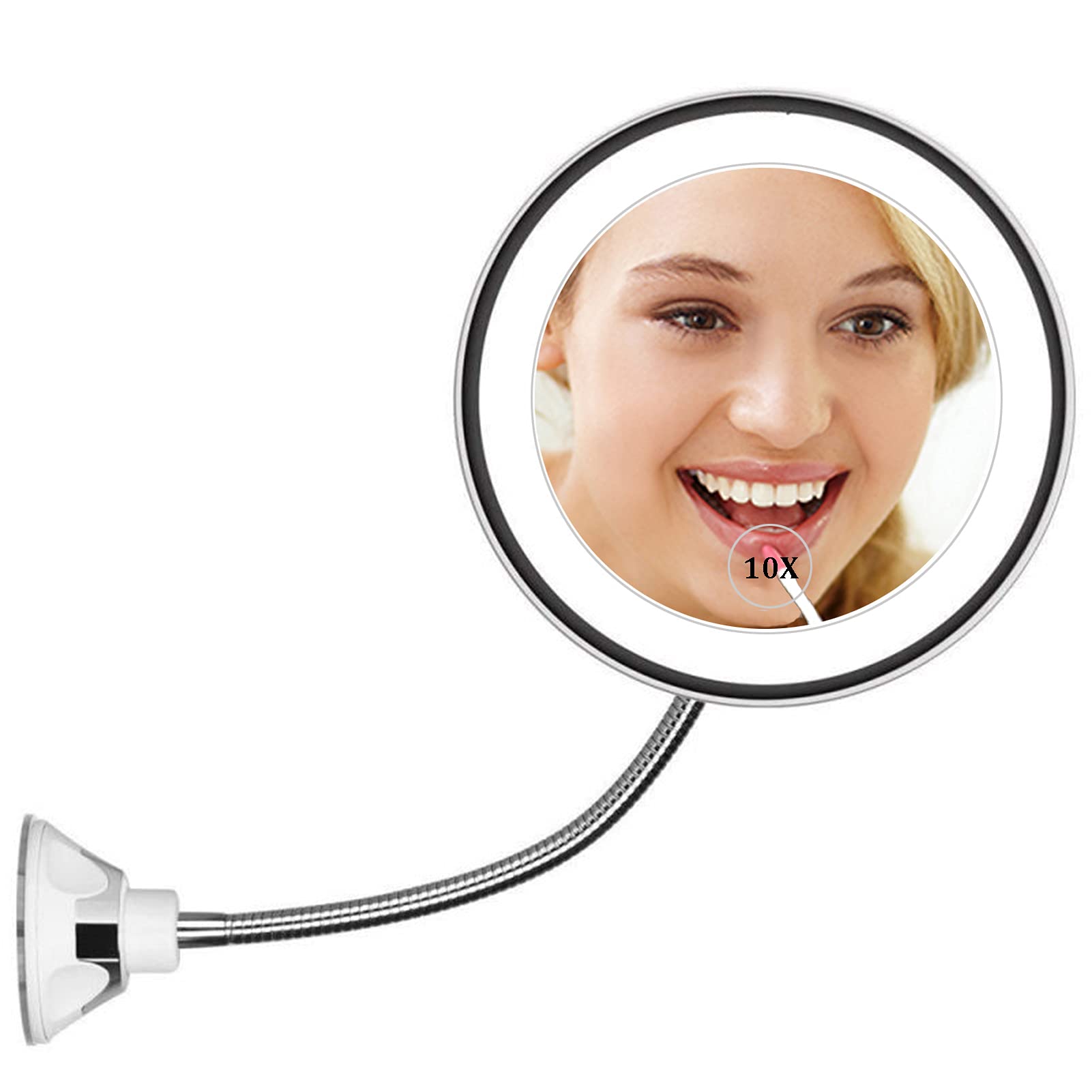 Espejo de Maquillaje con luz LED y Aumento de 10 aumentos, Espejo de tocador de baño con Cuello de Cisne Flexible con Ventosa, Giro de 360 Grados, Funciona con Pilas, inalámbrico y Espejo de Viaje