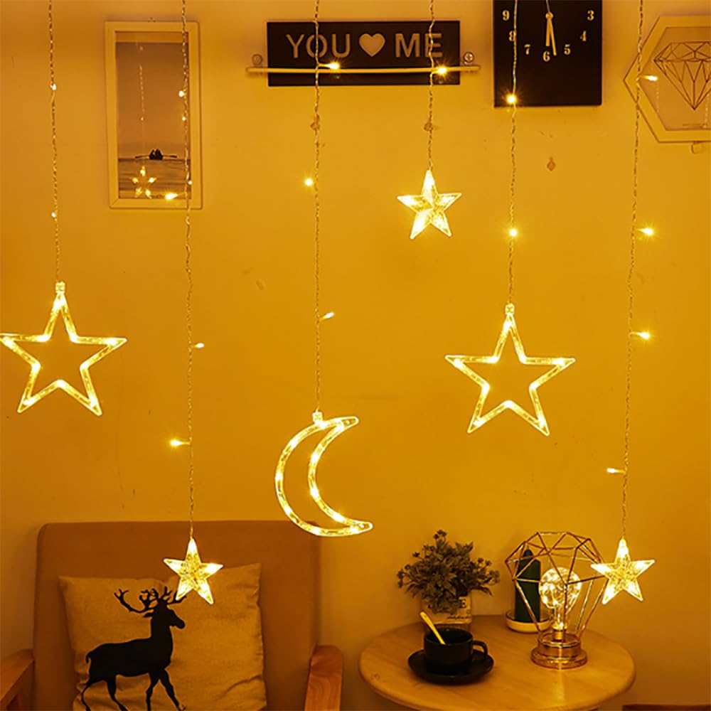 Twinkle Star 138 LED 12 Star Moon Curtain String Lights, Remote Control Window Curtain Lights with 8 Flashing Modes for Christmas, New Year, Wedding, Party, Home Decor(Warm White)