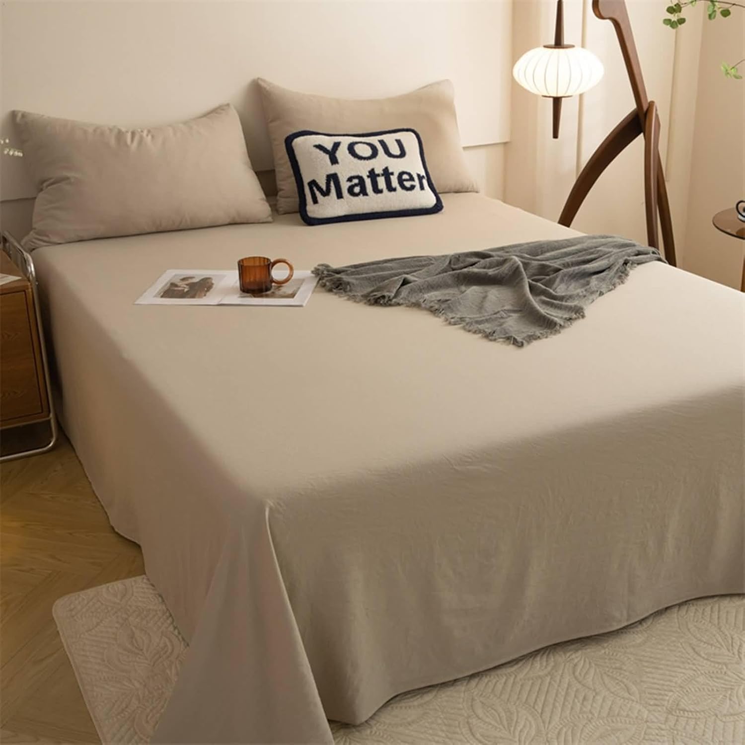 Beydodo Fitted Sheet and Pillowcase Set, Polyester Bed Sheet 230x250cm Solid Dark Grey, Bed Cover for Dorm