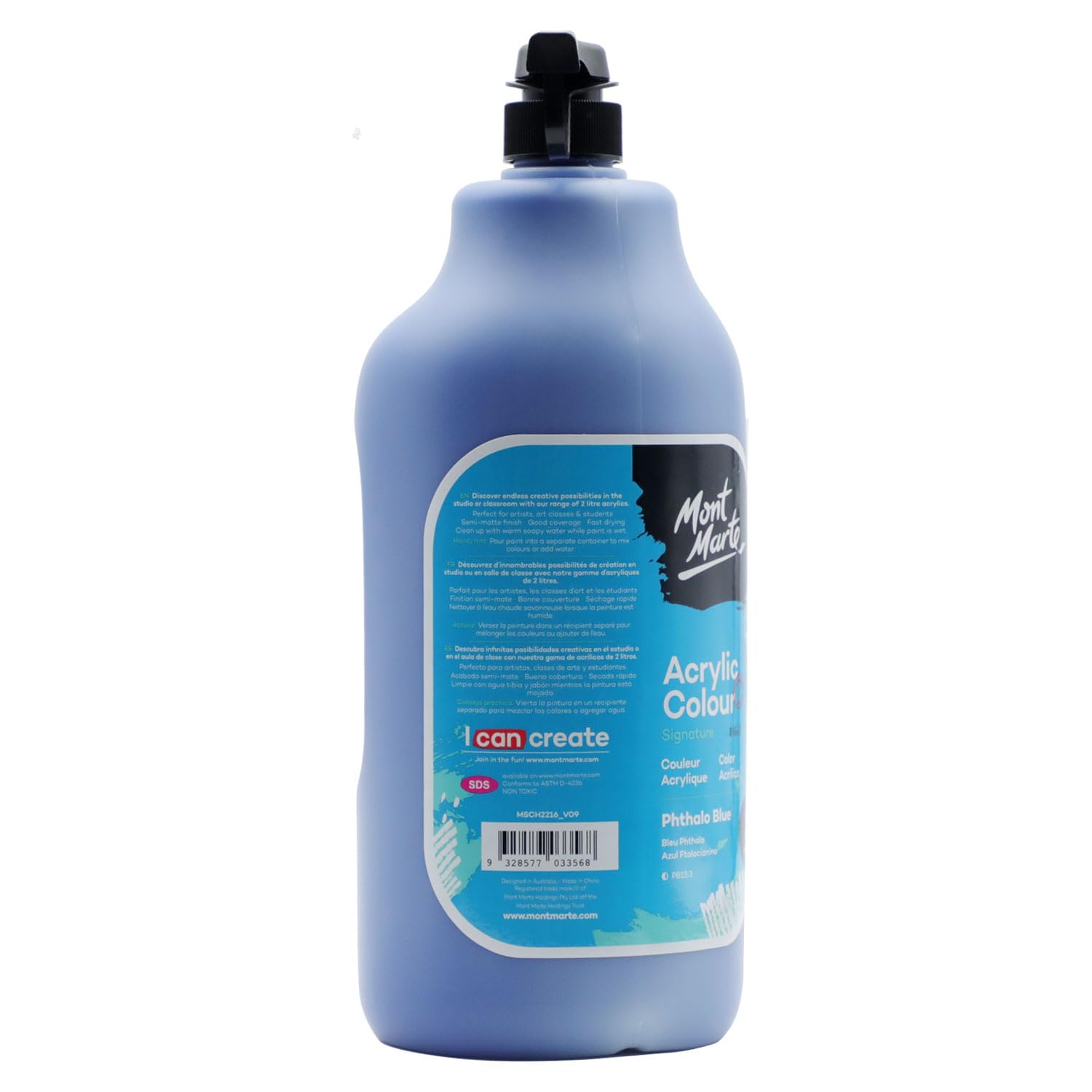 Mont Marte Discovery School Peinture acrylique - Vert Phthalo - 2 litres. Idéale pour les étudiants et les artistes. Excellent couvrant et séchage rapide. Capuchon à pompe inclus.