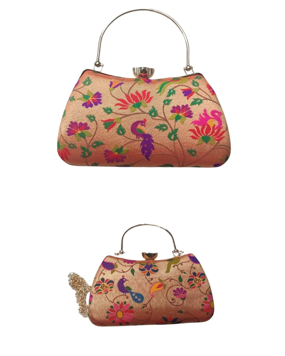 Luxury Silk Ethnic Handbag Collection | Traditional Bird & Floral Motif Wedding Purses with Metallic Ring Handles-image-11