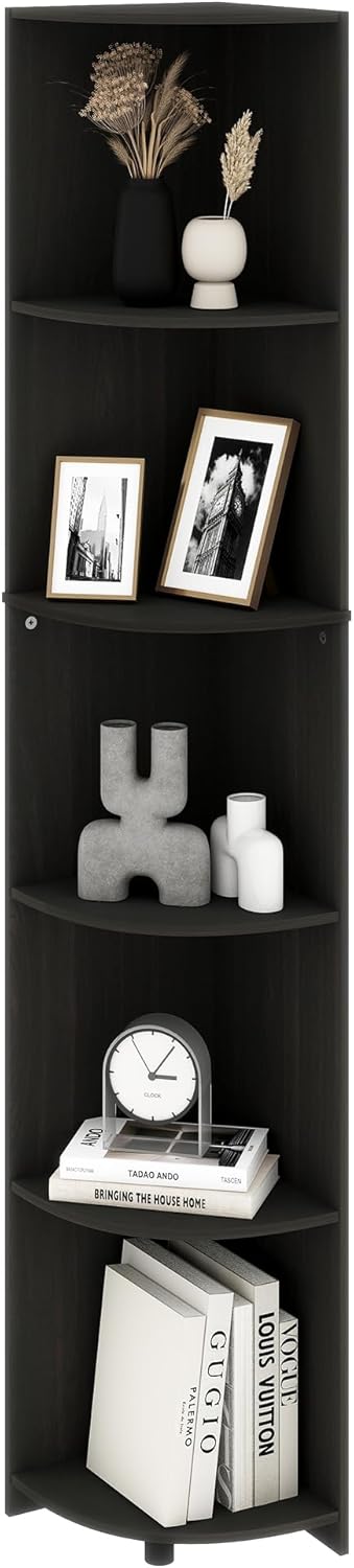Wooden 5 Tier Black Corner Shelf, 70.9" Black Corner Bookshelf, Tall Corner Book Shelf for Bedroom, Living Room, Office, 12" x 12" x 70.9"