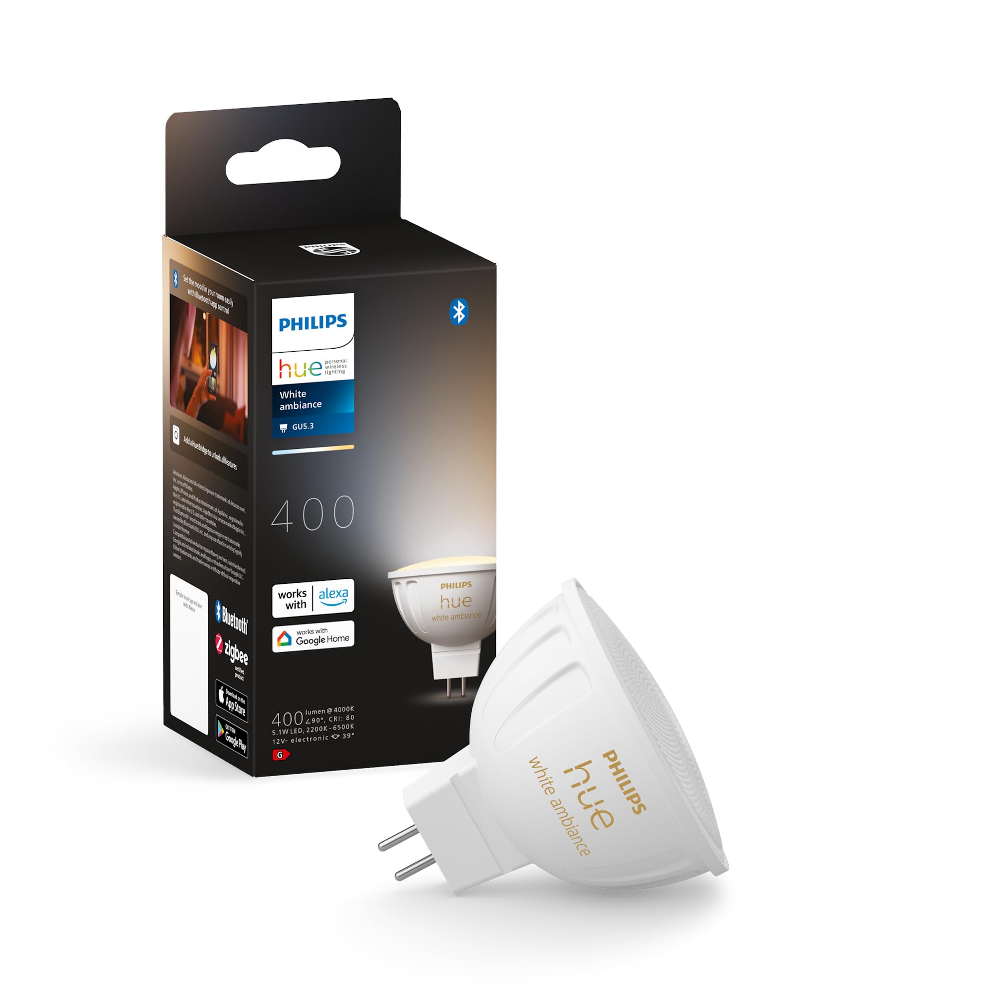 Philips Hue - Bombilla LED Inteligente MR16, GU5.3, Luz Blanca de Cálida a Fria, regulable, 5.1W, Compatible con Amazon Alexa (Echo, Echo Dot)