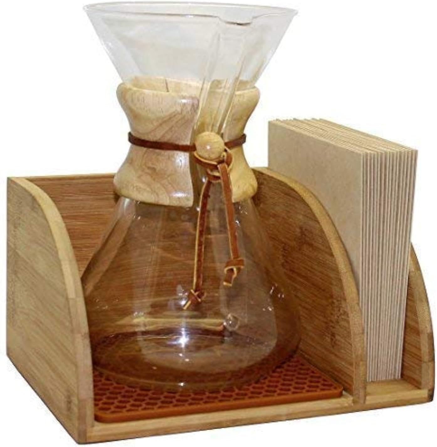 Caddy for Pour Over Coffee Maker, Bamboo Stand fits Chemex, Bodum, Cosori, HexNub Coffee Carafes, Heatproof Mat, Filter Holder