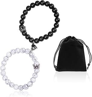 1 paire de bracelets pour couple de couronnes + 1 sac de rangement, bracelet d'amour magnétique noir et blanc, perles en pierre naturelle pour couple de garçons