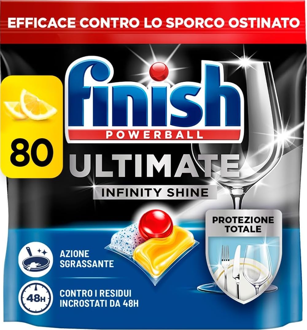 Finish Ultimate Infinity Shine Pastiglie Lavastoviglie, 80 Capsule Lavastoviglie al Limone, Pastiglie per Lavastoviglie contro lo Sporco e i Residui Incrostati