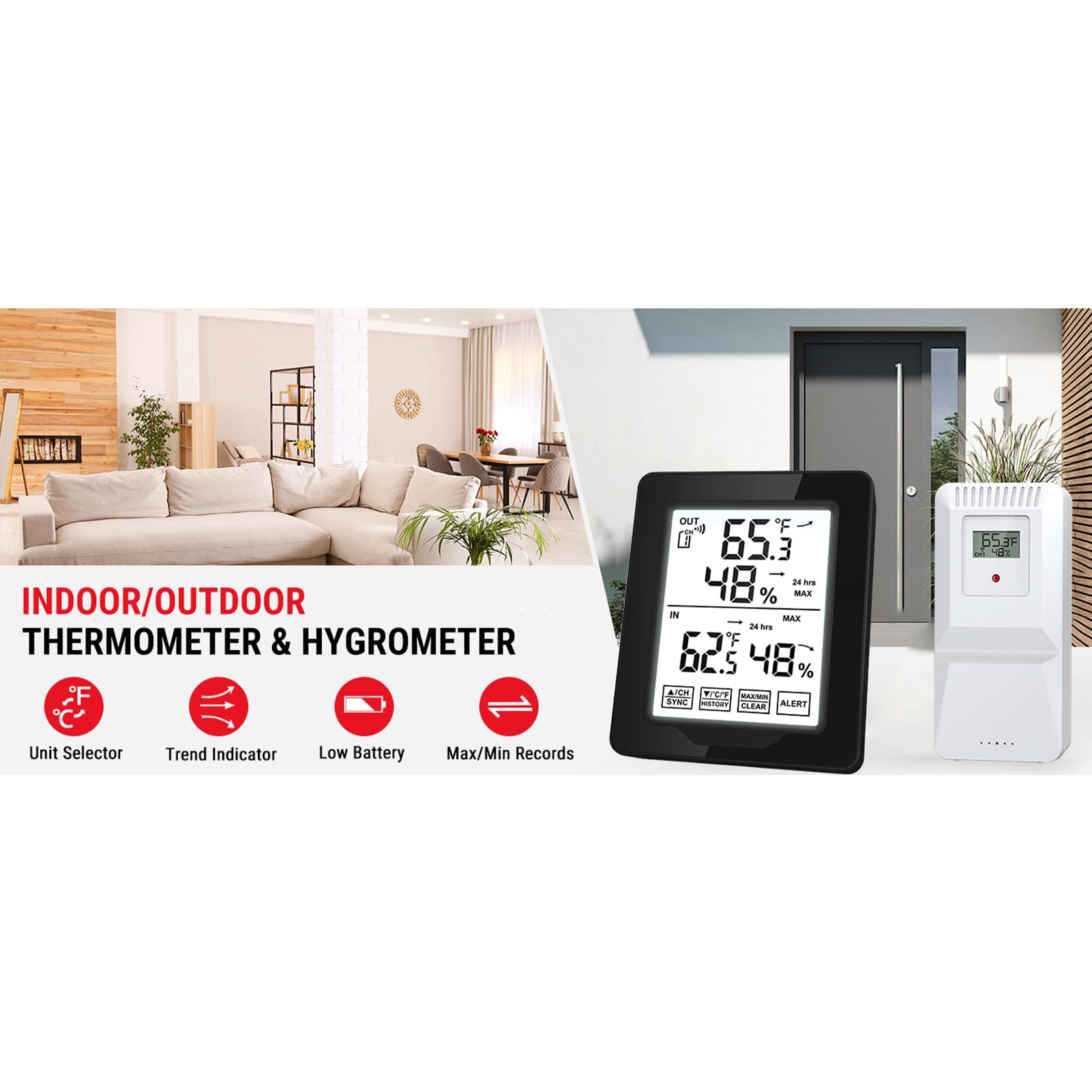 Termometro per interni ed esterni con retroilluminazione bianca, misuratore di umidità della temperatura accurato, registrazioni MAX/MIN, sensore remoto wireless