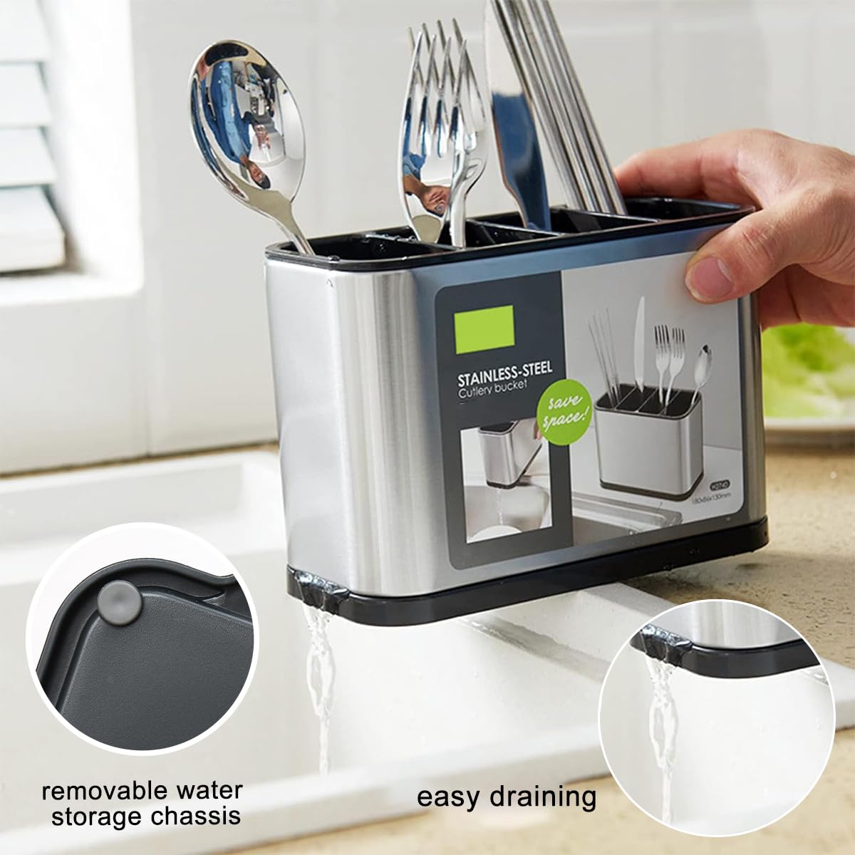 SONGMICS Égouttoir à Vaisselle, Support Extensible Pour Sécher La Vaisselle, Support De Vaisselle De Cuisine En INOX Avec Bec Tournant, Porte- Ustensiles, Porte-Planche, Argent Et Noir KCS037B01