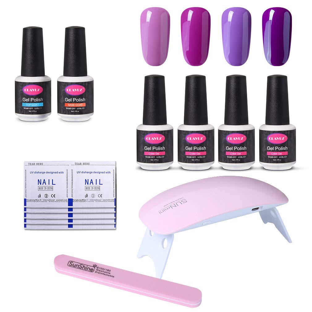 CLAVUZ Soak Off Gel Nail Polish Set Pink Purple Color Collections Top and Base Coat SUNMINI LED Nail Lamp Nail File Remover Wrap New Starter Nail Art Tool Kit