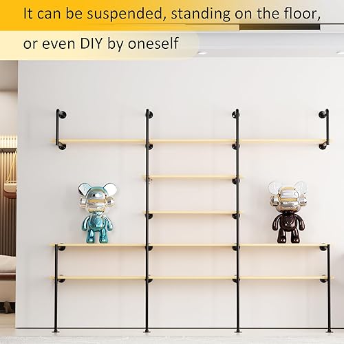 Miniatura 6 de Estante industrial de tubería de hierro para montaje en pared, 4 estantes (sin tablón), estantería abierta de bricolaje para colgar en el techo para