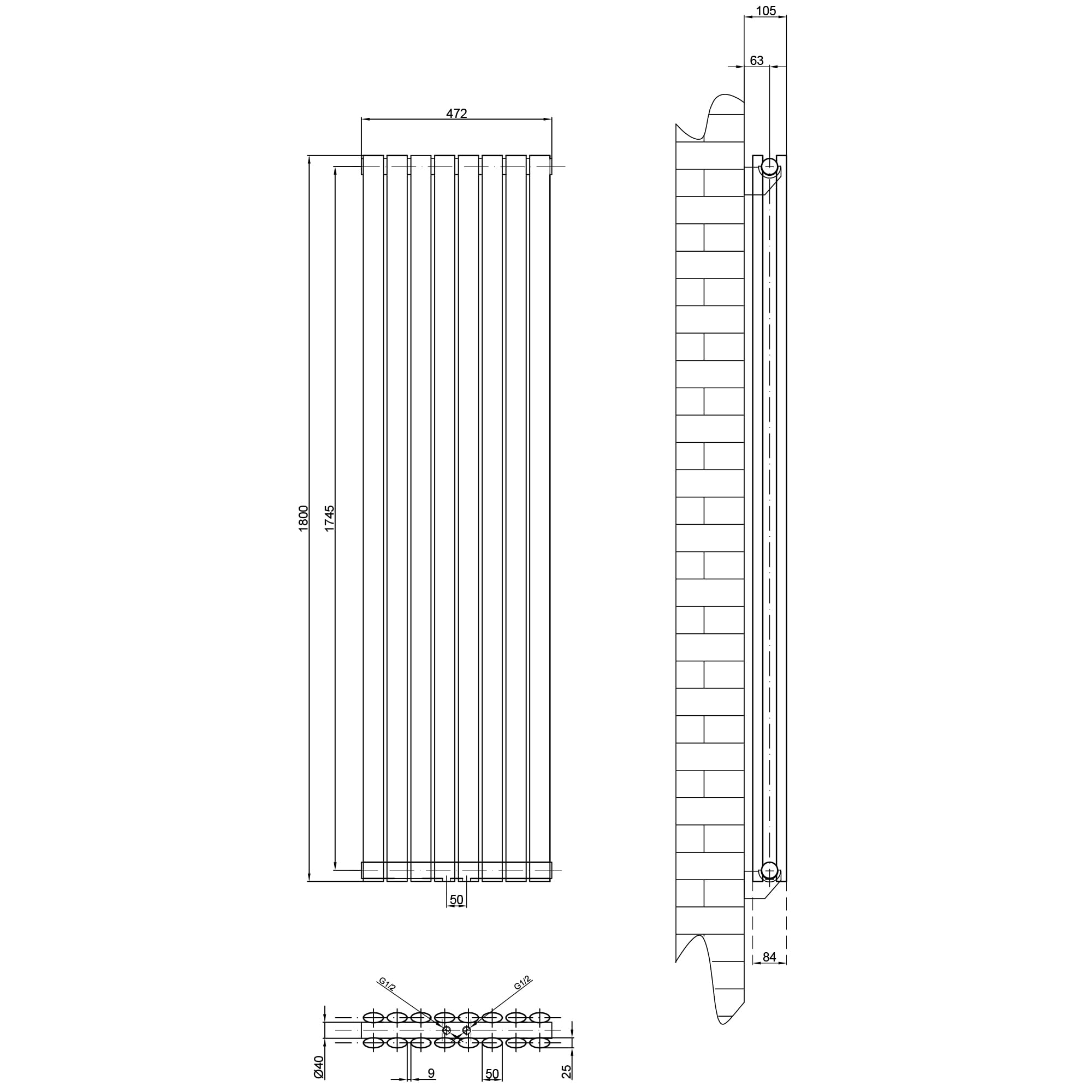 AICA Heizkörper 1800x472mm 2103W Röhrenheizkörper Doppellagig Weiß
