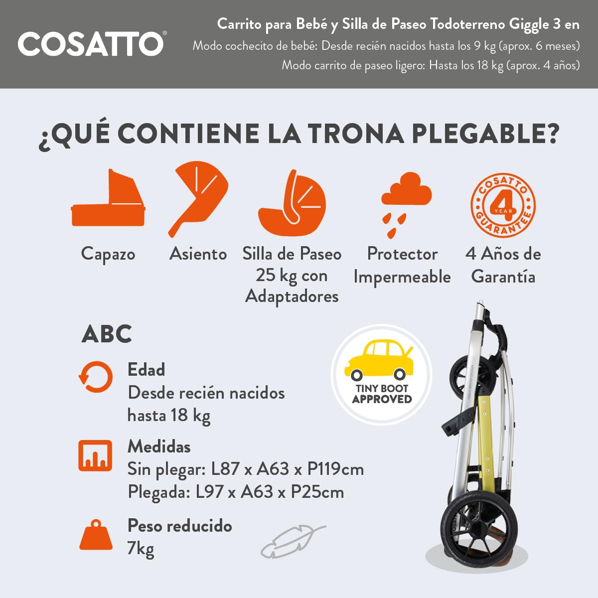 Cosatto Carrito Bebé 3 en 1 Giggle - Carro Bebé Nacimiento hasta 18kg. Cochecito Bebé con Capazo, Silla de Paseo y Silla Coche iSize 0+. Coche Bebé Ligero Fácil de Plegar con Protector Lluvia