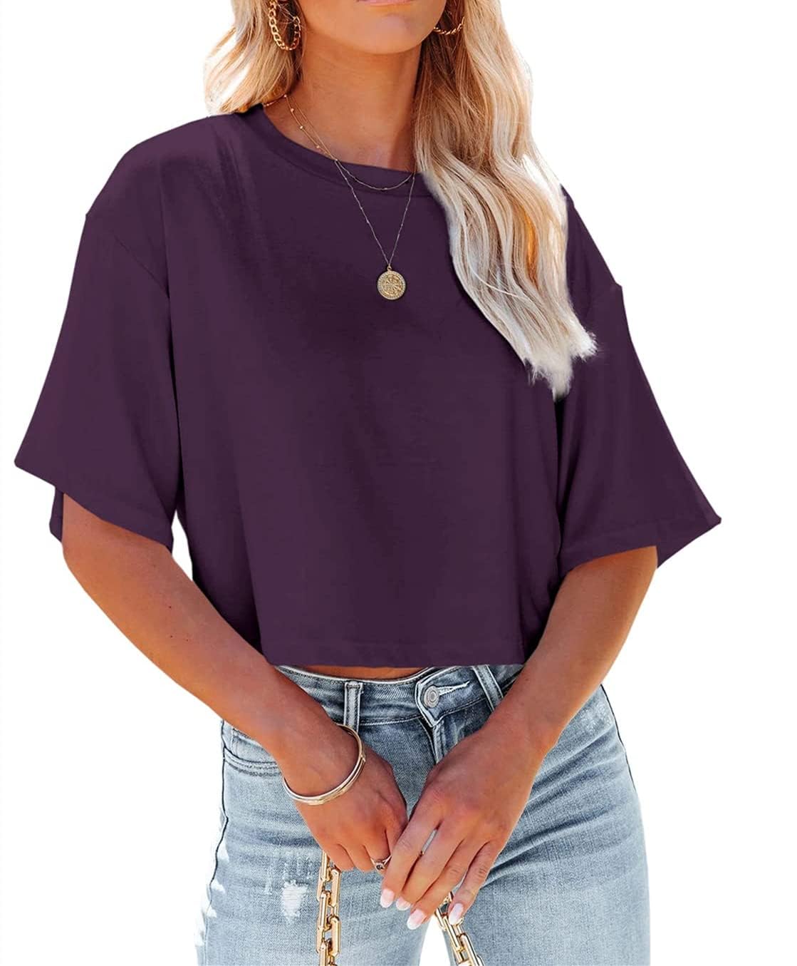 Suncife Damen-T-Shirt, bauchfrei, Hlaf-Ärmel, lässig, locker, taillierter Schnitt