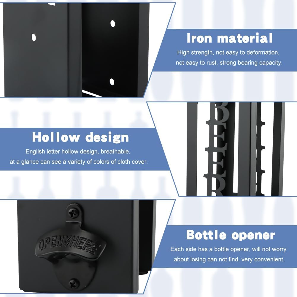 2 in 1 Can Cooler Holder with Bottle Opener, Personalized Beer Can Sleeves Storage Organizer Dispenser for Home Family Bar, Metal Cool Stuff Gift for Men Women(COLOR:Black)