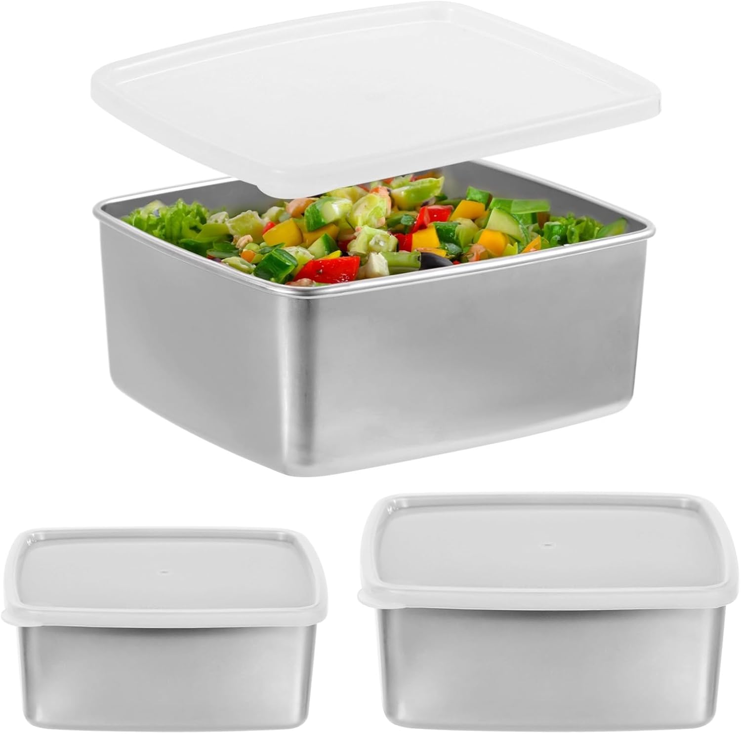 3 Pcs Stainless Steel Food Storage Containers, Square Boxes with Airtight Lid, Stackable & Nestable, Snack Salad Boxes, Meal Prep Containers for Freezer, 34 Oz / 67 Oz / 118 Oz