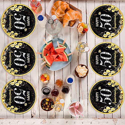 Image of Qyeahkj 48 Pcs 50th Anniversary Party Plate Employee Career Wedding 50th Anniversary Party Gold Black Disposable Paper Dessert Cake Platter Supplies Set for Fiftieth Anniversary Party Decoration Favor
