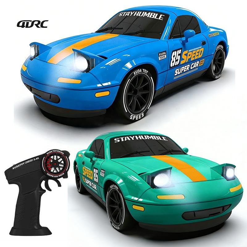 Image of 1:24 RC Drift Car 4WD, 20km /h Remote Control Car with Smoke Effect, Pop-Up Headlights, LED Lights, Drift Tires, Rechargeable Toy Car for Kids & Adults (Green)