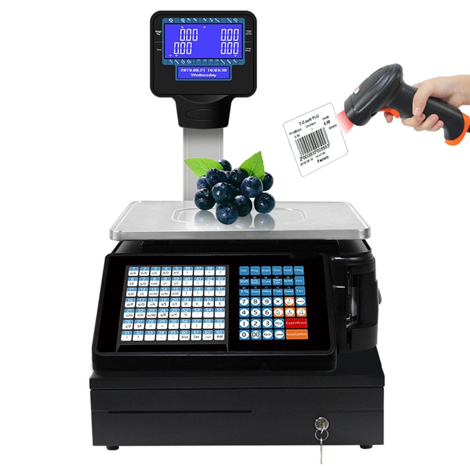 MYUYEE Digital Price Label Printing Scale 30Kg/60Lbs, Dual-Sided Lcd Display, Thermal Printer & Scanner For Supermarkets & Retail Stores
