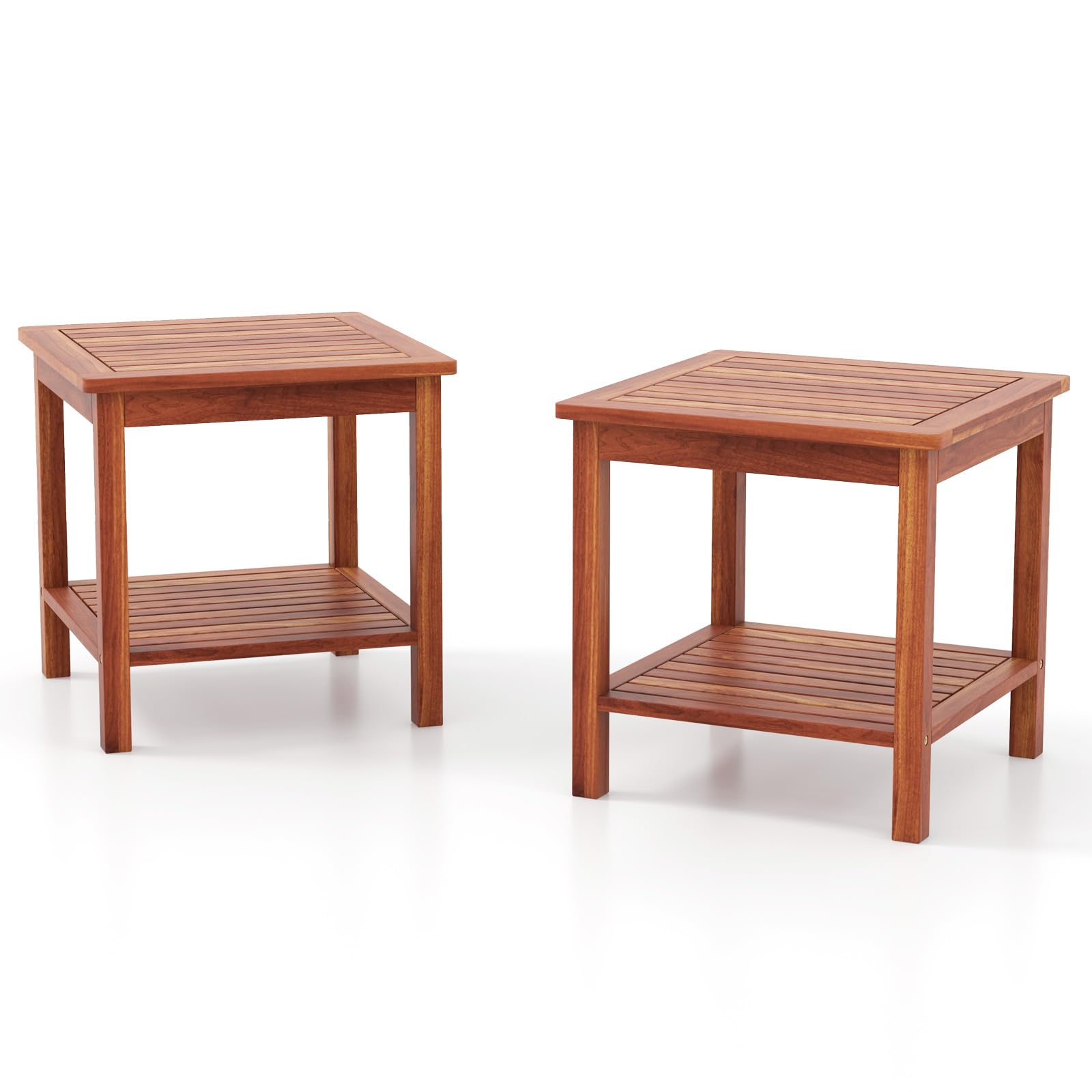 HAPPYGRILL Wood Outdoor Side Table Set of 2, Patio Square End Table, Sturdy Acacia Wood Coffee Table for Porch, Poolside, Backyard, Garden, Balcony,