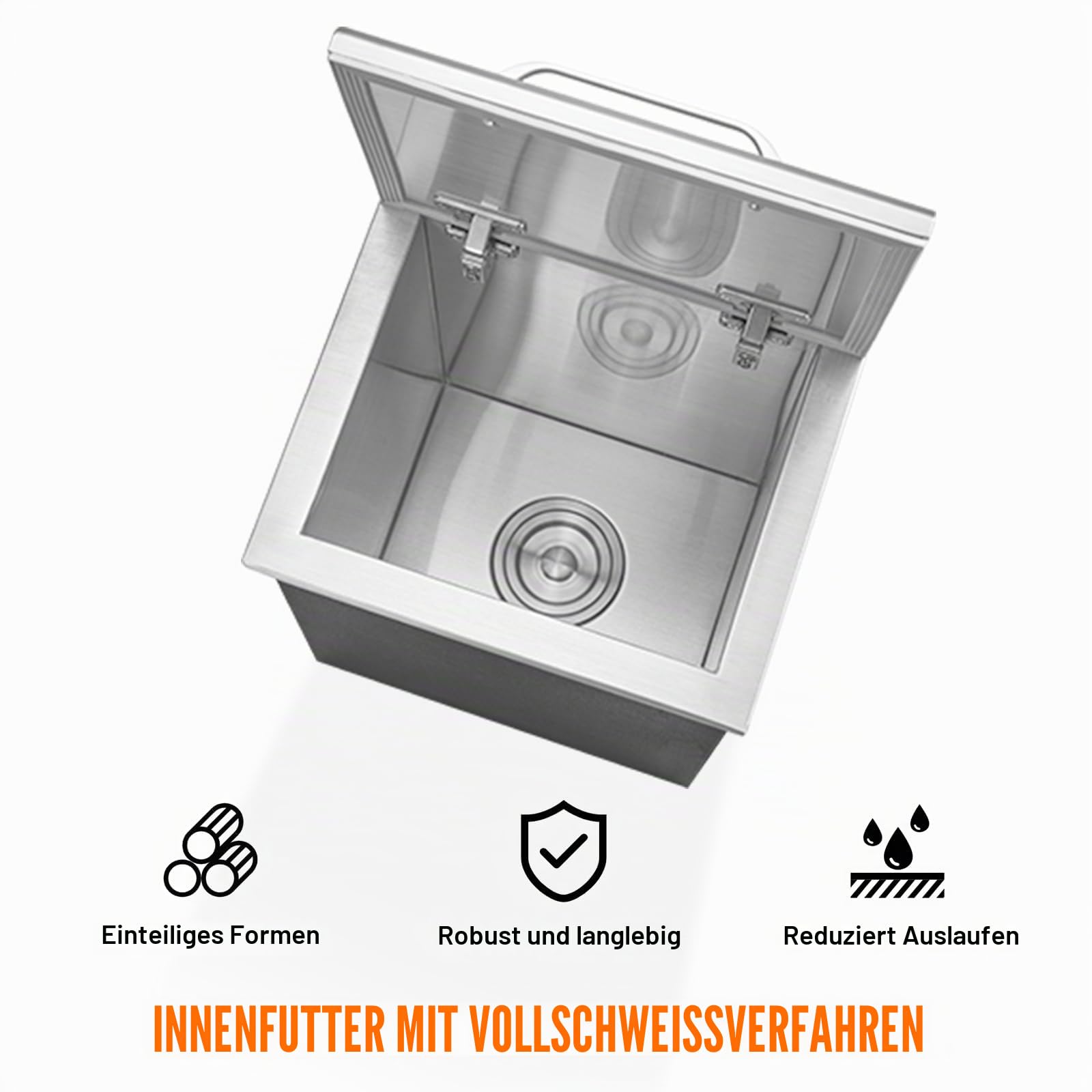 VEVOR Drop-in-Eisbox, 28,52 L Edelstahl-Eiskühler, 355 x 305 x 461 mm Kommerzieller Eisbehälter mit Klappdeckel, Eingebaute Eisspeichertruhe, Abflussrohr und Ablassstopfen im Lieferumfang Enthalten