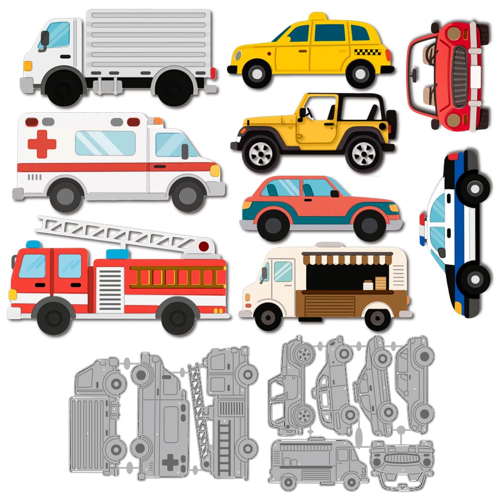MAYJOYDIY Vehicles Theme Metal Cutting Dies Food Truck Die Cuts Stencils Ambulance Police Car Embossing Template Dies for DIY Paper Craft Card Making Scrapbooking Album Decor