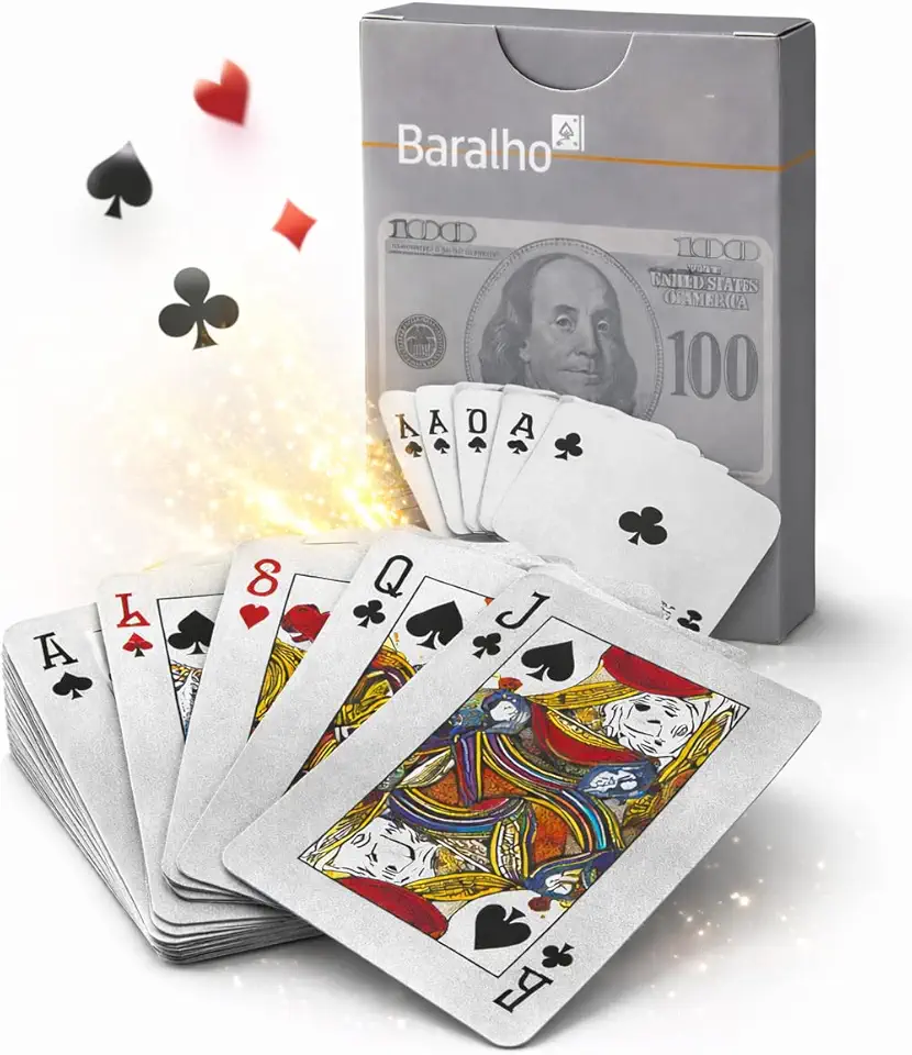 Baralho Temático Nota de Dólar Versão Dourado ou Prata Cartas de Papel Premium, Baralho Decorativo para Jogos, Truco, Poker, Buraco, Paciência (Prata)