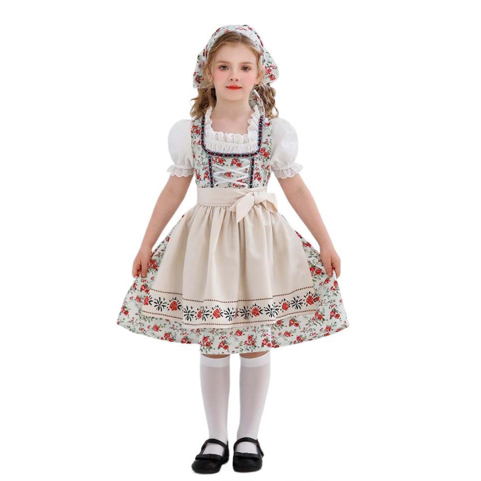 Vestito Tirolese Bambina Ragazza Midi Tradizionale Bambine Completo Spettacolo Dell'Oktoberfest Bambini dai 5 Ai 9 Anni Tenuta con Grembiule in Pizzo a Maniche Corte Festa della Birra per Carnevale
