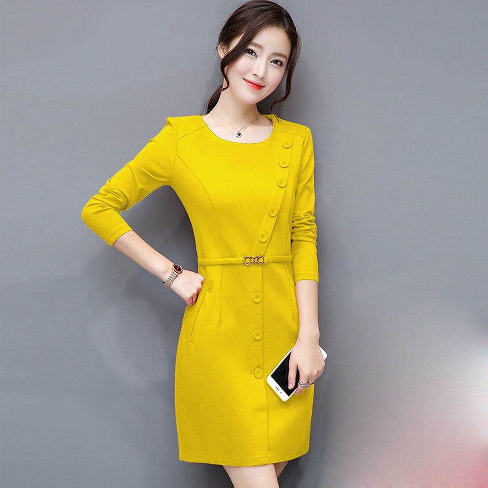 Robe longue automne LQZ manches longues jaune vêtement mi-saison taille L
