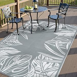Outdoor Plastic Straw Rug Waterproof Patio 6x9 Black Brown Floral Mat for Porch Camping RV Balcony Deck Courtyard Reversible Lightweight Durable Portable Carpet 6' x 9' (Rectangular) Floral