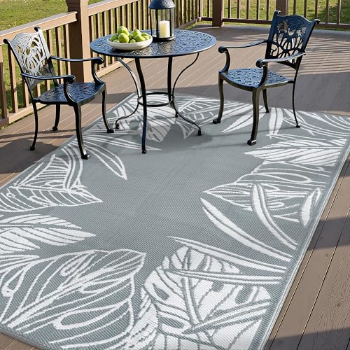 Outdoor Plastic Straw Rug Waterproof Patio 6x9 Black Brown Floral Mat for Porch Camping RV Balcony Deck Courtyard Reversible Lightweight Durable Portable Carpet 6' x 9' (Rectangular) Floral