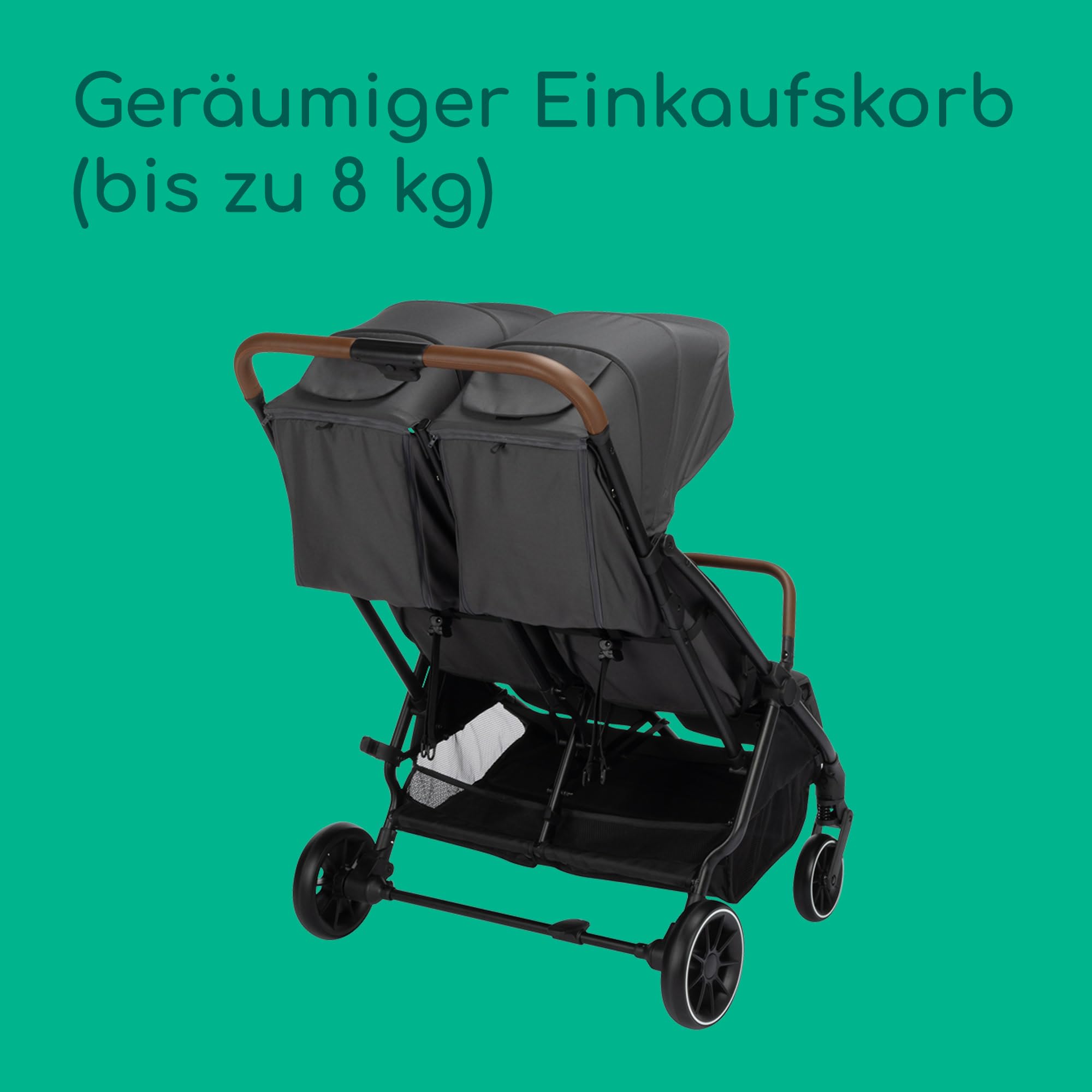 Bebeconfort Mane Duo Geschwisterwagen 0+ bis 22 kg Automatisches Klappsystem Liegeposition Drehbare Sicherheitsbügel 5-Punkt-Gurt Regenverdeck Mineral Graphite