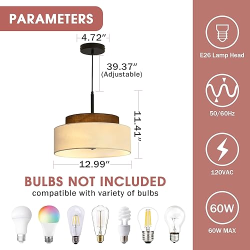 Miniatura 3 de Lámpara colgante de granja de 3 luces, lámpara colgante de tambor de 2 niveles con pantalla de tela de 13 pulgadas, lámpara colgante rústica para