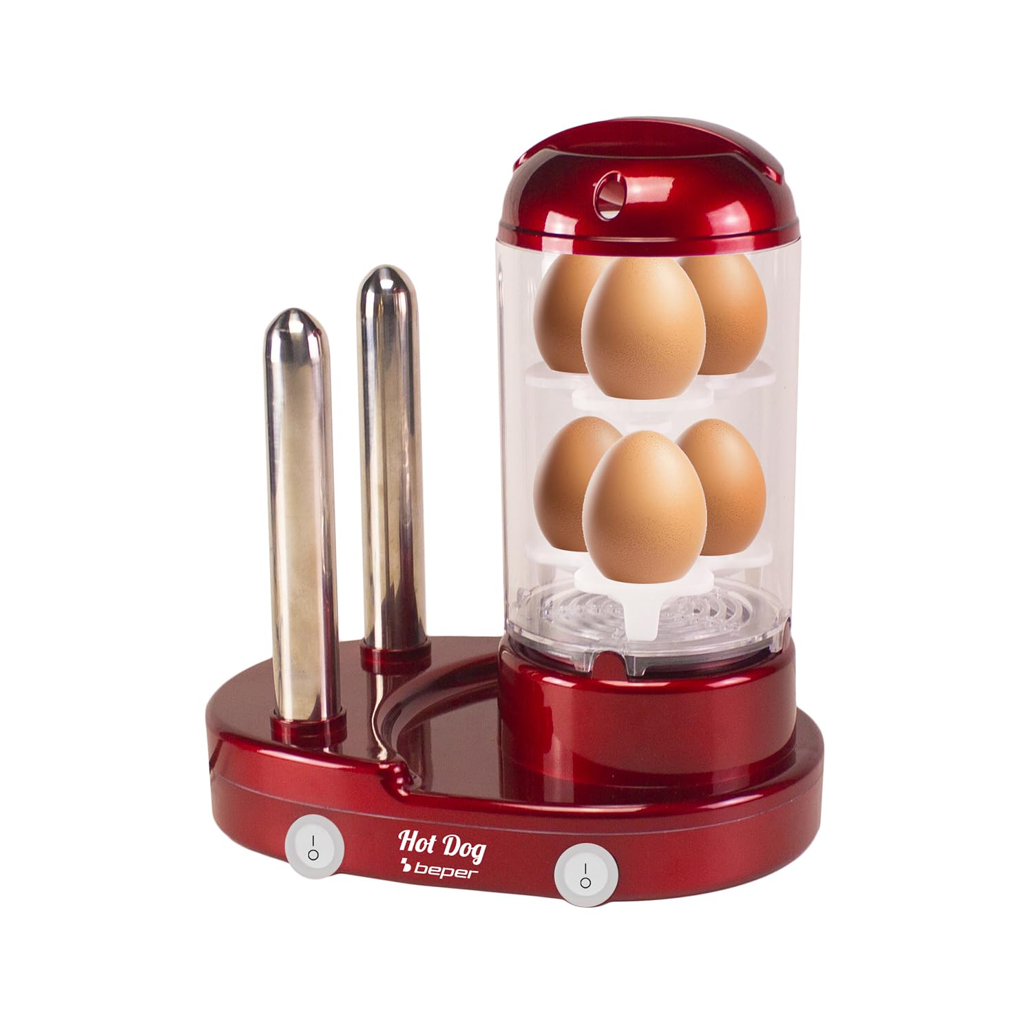 BEPER P101CUD502 Appareil à hot-dogs et cuiseur à œufs 3 en 1, cuiseur vapeur pour saucisses et œufs, chauffe-pains avec 2 résistances en acier inoxydable, 440 W, double interrupteur