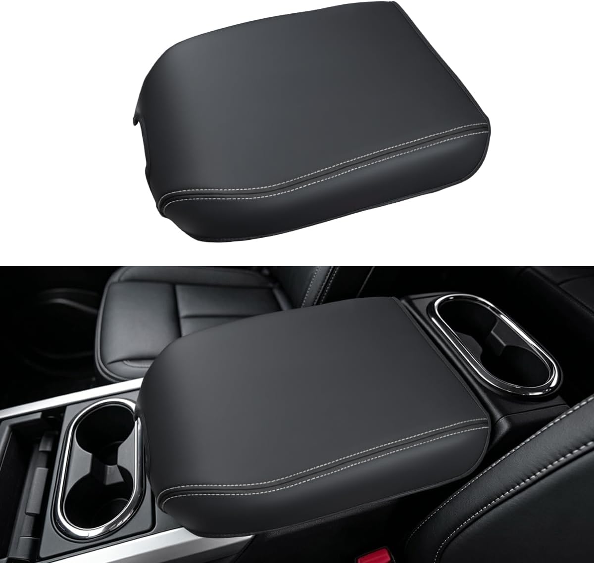 INTGET for 2016-2024 Nissan Titan Center Console Cover Bucket Seat Leather Middle Armrest Lid Protector Arm Rest Cover for 2017 2018 2019 2020 2021 2022 2023 Nissan Titan Accessories (White Stitches)