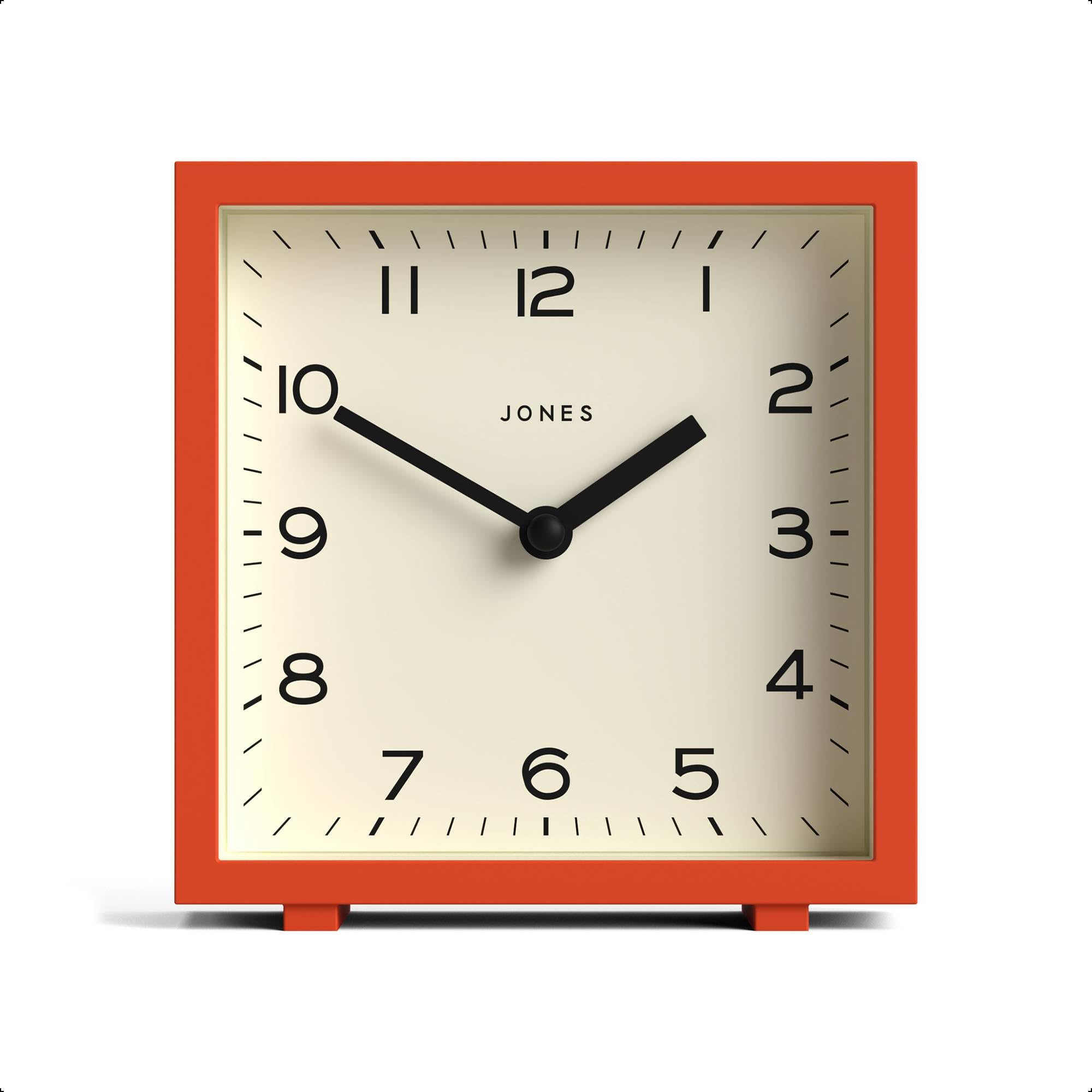 Jones Clocks® Disco desk clock | Sleek square design | Orange | Stylish and easy to read for shelf, table, mantel or bedside