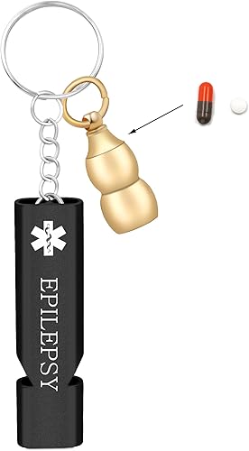 Miniatura 10 de Llavero médico de emergencia con silbato de seguridad fuerte y pastillero, herramienta de alerta EDC para personas mayores, adultos, uso al aire