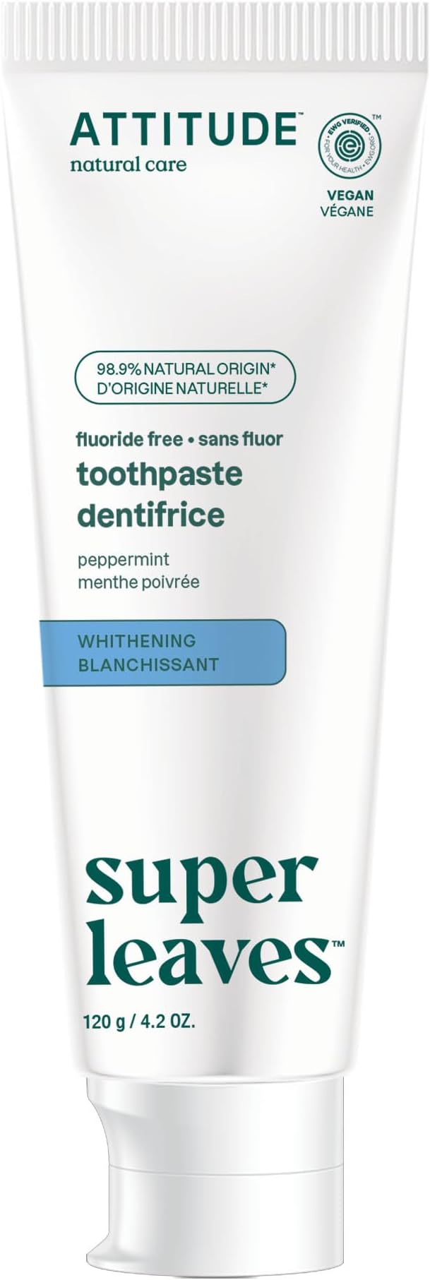 Fluoride-Free Whitening Toothpaste, Peppermint Flavor, Vegan & Cruelty-Free, Sugar-Free, Plant & Mineral-Based Ingredients, Clean Oral Care, 120 g
