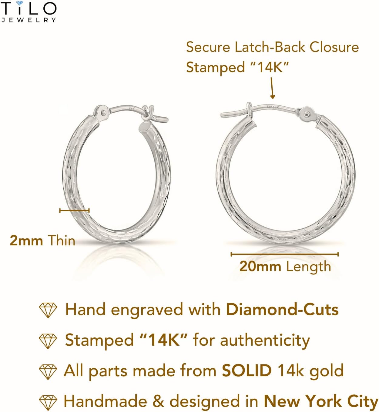 14k White Gold Hand Engraved Full Diamond-cut Round Hoop Earrings - Image 3